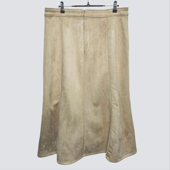 Elie Tahari Midi Length Faux Suede Skirt Paneled Camel Colorway Sz L | 32 Waist - Picture 2 of 9